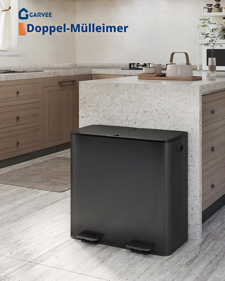 GarveeHome Mülleimer Küche, 2 x 40 L, Mülltrennsystem 2 Fächer, Metall-Tretmülleimer mit Seitlichem