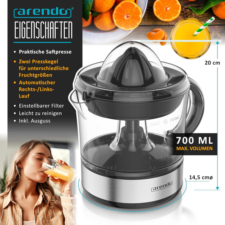 Arendo - elektrische Saftpresse 700 ml - Zitruspresse Orangenpresse Entsafter - 2 Presskegel – Klars