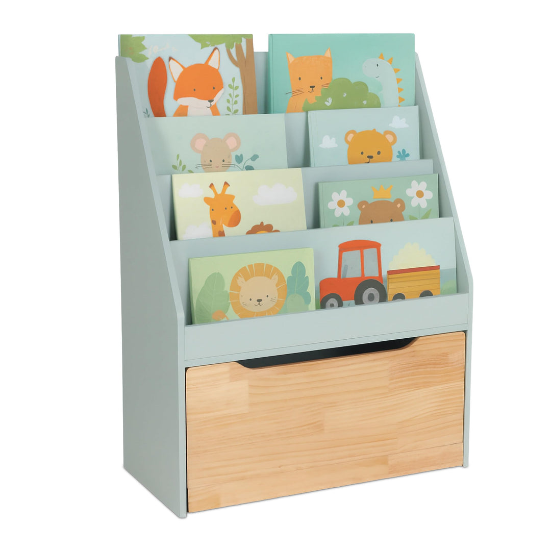 Relaxdays Bücherregal Kinder, HxBxT: 80x60x30 cm, 4 Bücherfächer, Spielzeugkiste mit Rollen, Kinderr
