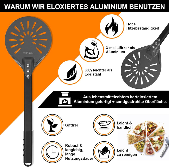Perforierter Pizzaschieber, runder Pizzawender 17,8 cm, rutschfester Griff 42 cm, robuster eloxierte