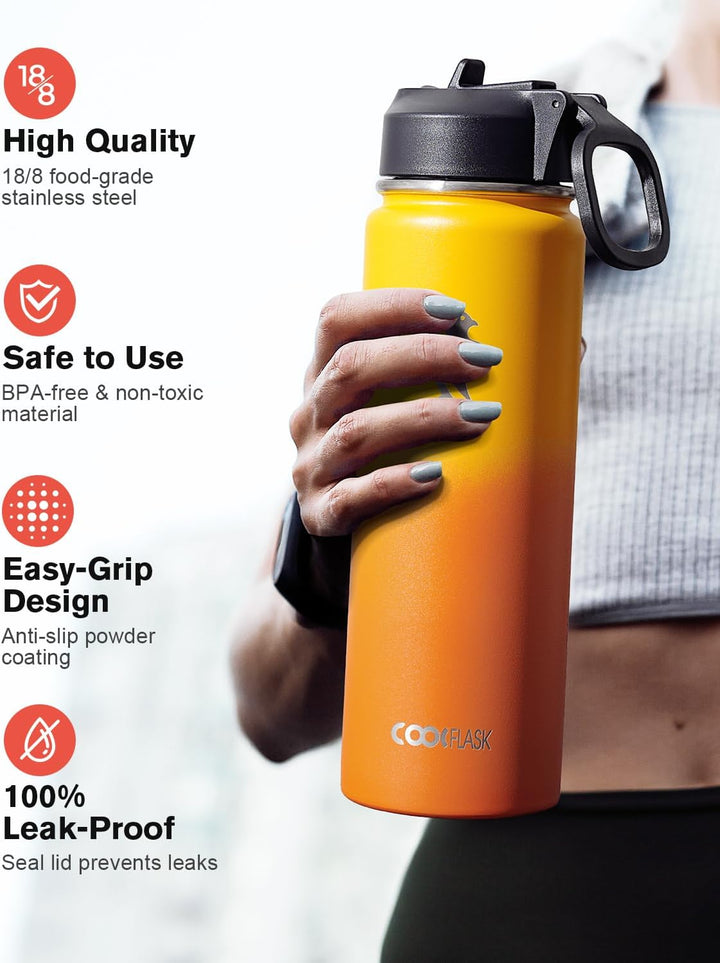 Coolflask Wasserflasche 20 oz isoliert mit Strohhalm, rostfreier Stahl Metall 3 Deckel Wasserflasche