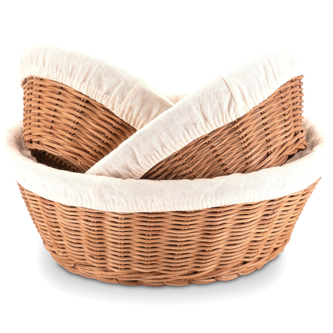 Decorasian Brotkorb geflochten aus Rattan - Brotkörbchen rund im 3er Set mit Leinentuch - Runde Bröt