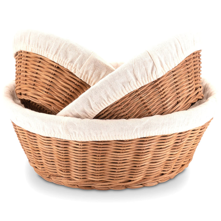 Decorasian Brotkorb geflochten aus Rattan - Brotkörbchen rund im 3er Set mit Leinentuch - Runde Bröt