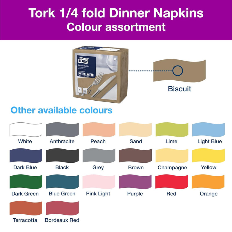 Tork Serviette Dinner bistre, pliage 1/4 2 plis, 40 cm x 39 cm, 12 x 150 serviettes, 478751 Biscuit,