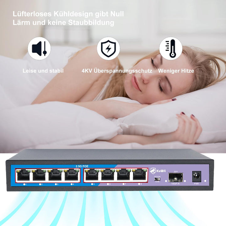 KuWFi PoE Switch, 8× 2.5-Gigabit Ports Ethernet LAN Switch (Plug-and-Play Unmanaged Switch, LAN Spli