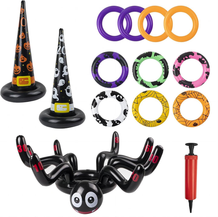 WOFEU Halloween Ringwurfspiele,Aufblasbare Spinnen Hexenhut Ringwurfspiel für Kinder,Halloween Party