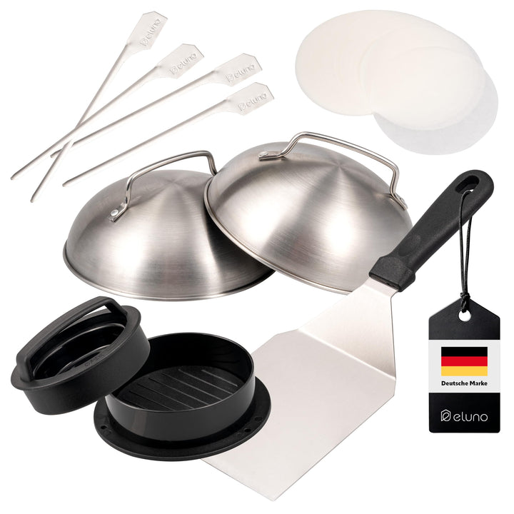eluno Burger-Set 6tlg. inklusive Burgerpresse mit Burgerpapier, Grillwender, Zwei Burgerhauben und V