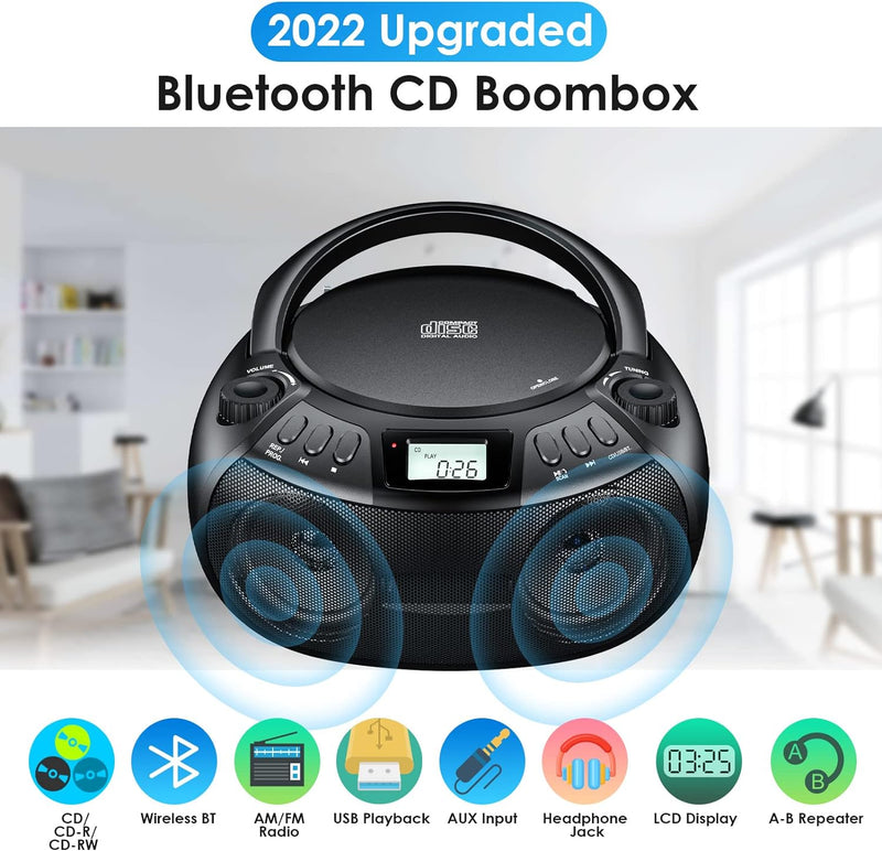 Gueray Tragbarer CD Player Boombox mit Bluetooth, UKW Radio AM Radio, Stereo-Lautsprecher, USB & AUX