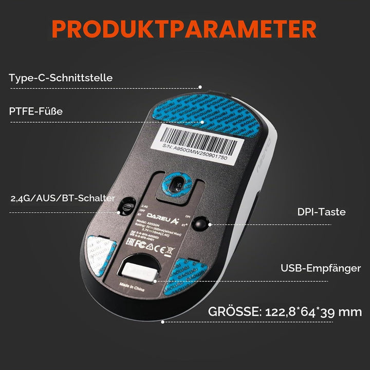 DAREU A950GM 60g Ultralight Gaming Mouse, PixArt PAW3395 Gaming Sensor, 100 Millionen HUANO Gaming M