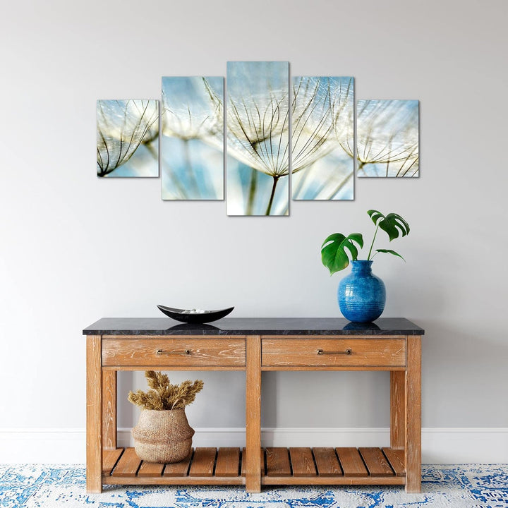 Runa Art Wandbilder Blumen Pusteblume 5 Teilig Bild auf Vlies Leinwand Deko Wohnzimmer Feld Blau 209