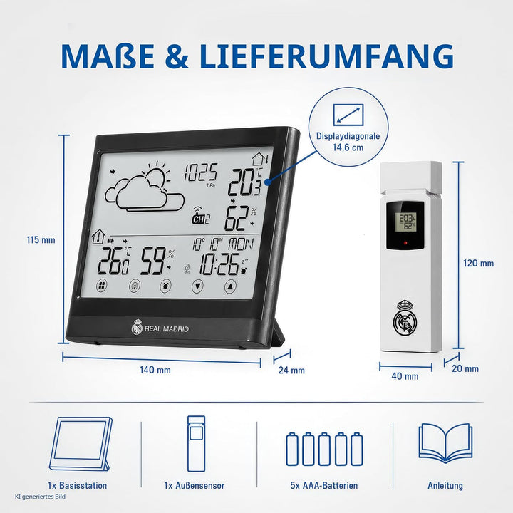 Real Madrid Wetterstation mit Aussensensor, Touch-Display, Frostwarnung, DCF-Signal, Weiss