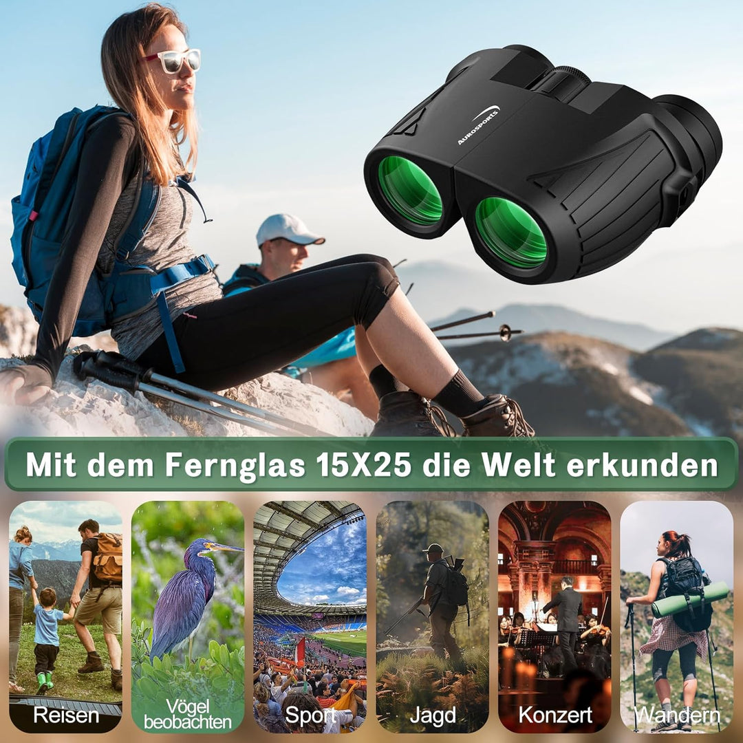 Aurosports 15X25 Kompaktes Fernglas für Erwachsene und Kinder - Fernglas Erwachsene High Definition,
