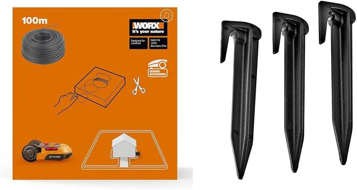 Worx 100 m Begrenzungsdraht für Landroid Mähroboter, Schwarz & WA0179 Heringe zur Befestigung von Be