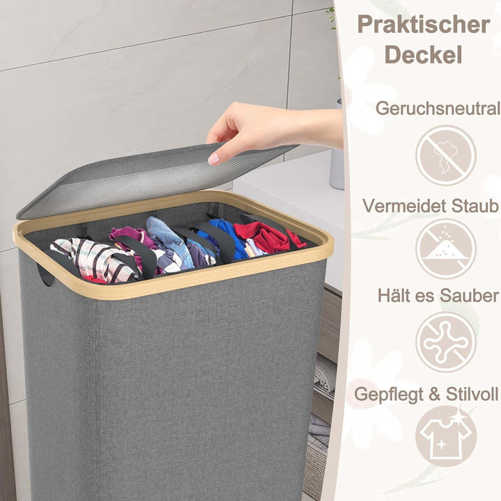 Aufun Wäschekorb140L mit Deckel zur einfachen Trennung, Faltbar Wäschesammler 3 Fächer Wäschesortier
