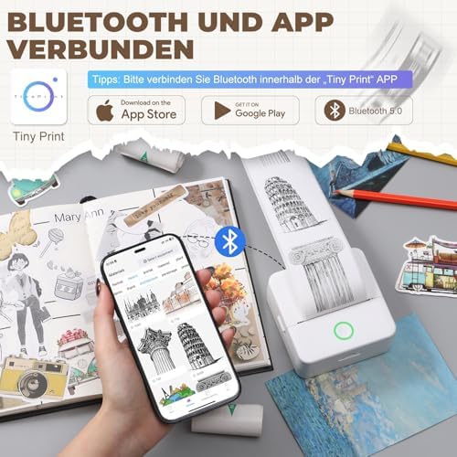 PRAOAHEI Mini Drucker, Tragbarer Fotodrucker mit 20 Rollen Druckerpapier, Bluetooth-Etikettendrucker