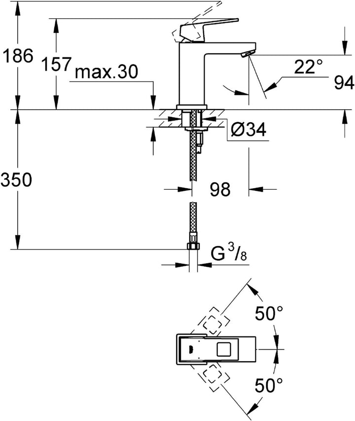 GROHE Eurocube | Badarmatur - Waschtischarmatur | GLATTER KÖRPER | 23132000,Chrom S glatter Körper o