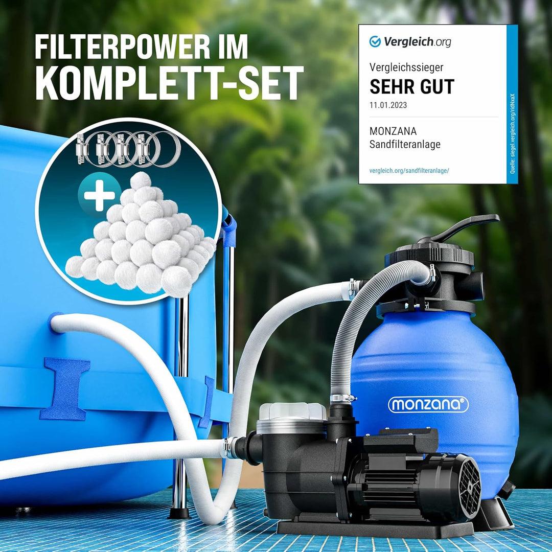 MONZANA® Sandfilteranlage SF96K 9.600L/h bis 30.000L Pool inkl Filterbällen 7 Wege Ventil 2in1 Adapt