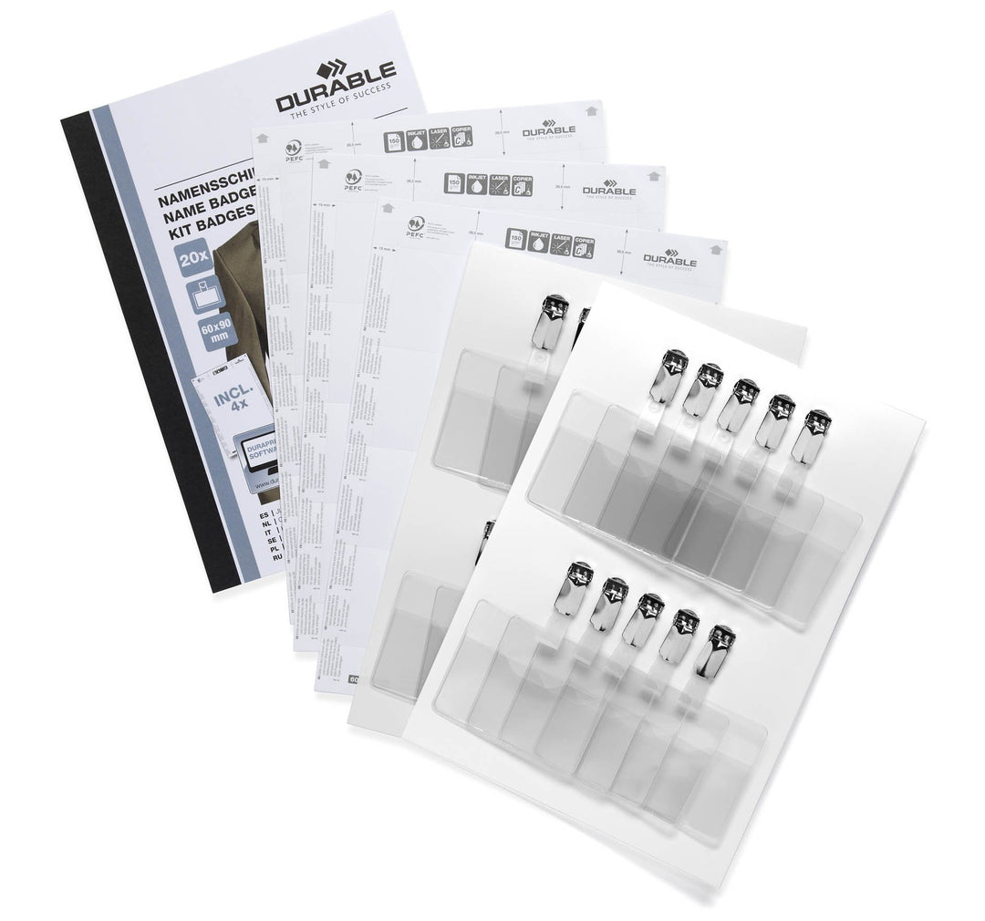 Durable Namensschilder Set, 60 x 90 mm mit Clip, inklusiv 20 Namensschilder und 4 Beschriftungsbögen