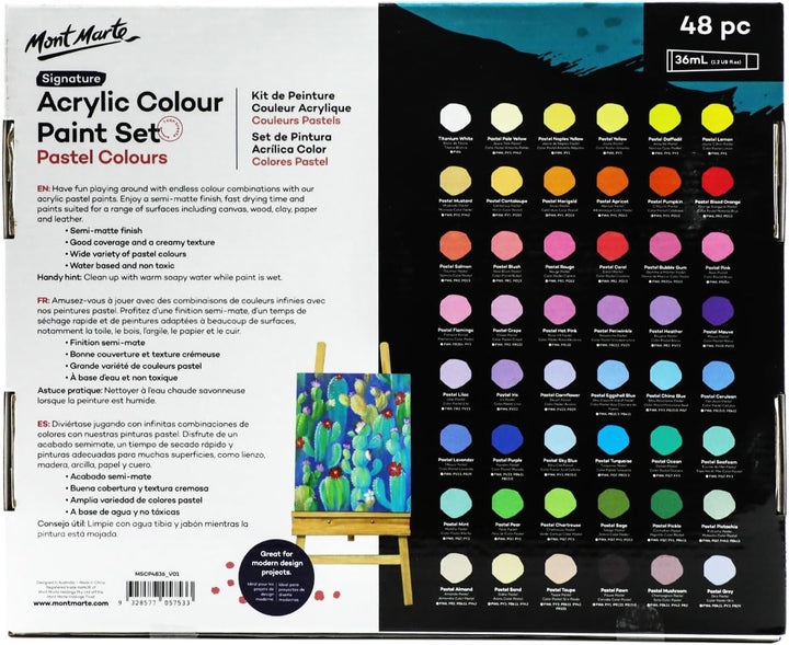 Mont Marte Acrylfarben Set Pastell – 48 x 36ml – Starke Deckkraft und Seidenmattes Finish – Pastellf