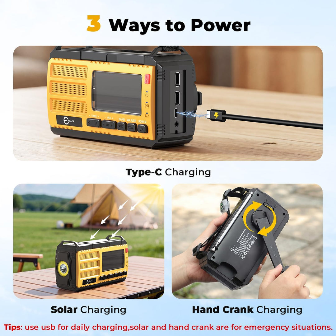 Esky Kurbelradio, 10000mAh Solar Notfallradio mit AM/FM Wiederaufladbare Weltempfänger, USB Lader, L