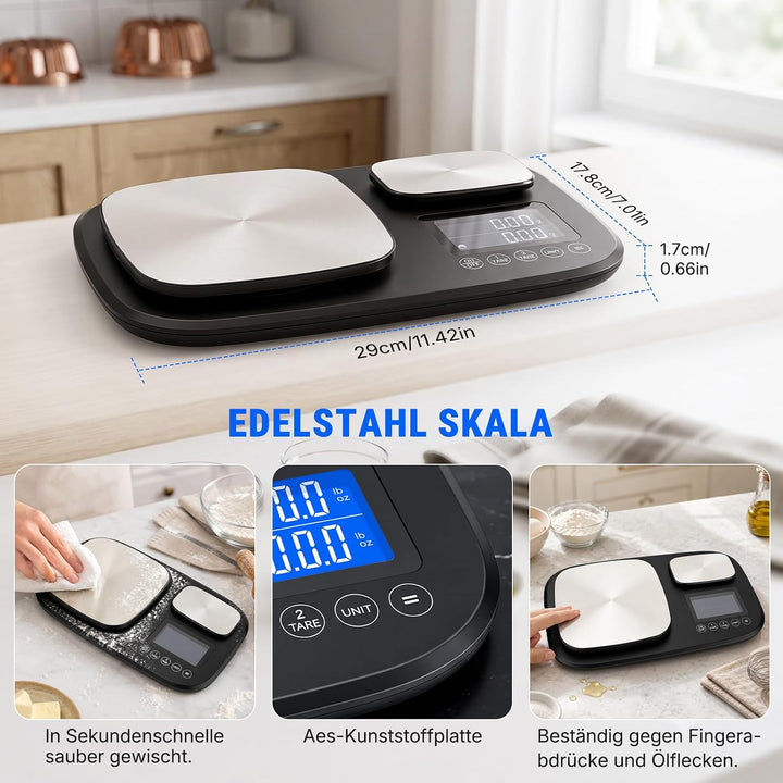 Küchenwaage Digital 15 kg mit Feinwaage 500 g/0,01 g, 2 Flächen zum Backen | Tara-und Addierfunktion