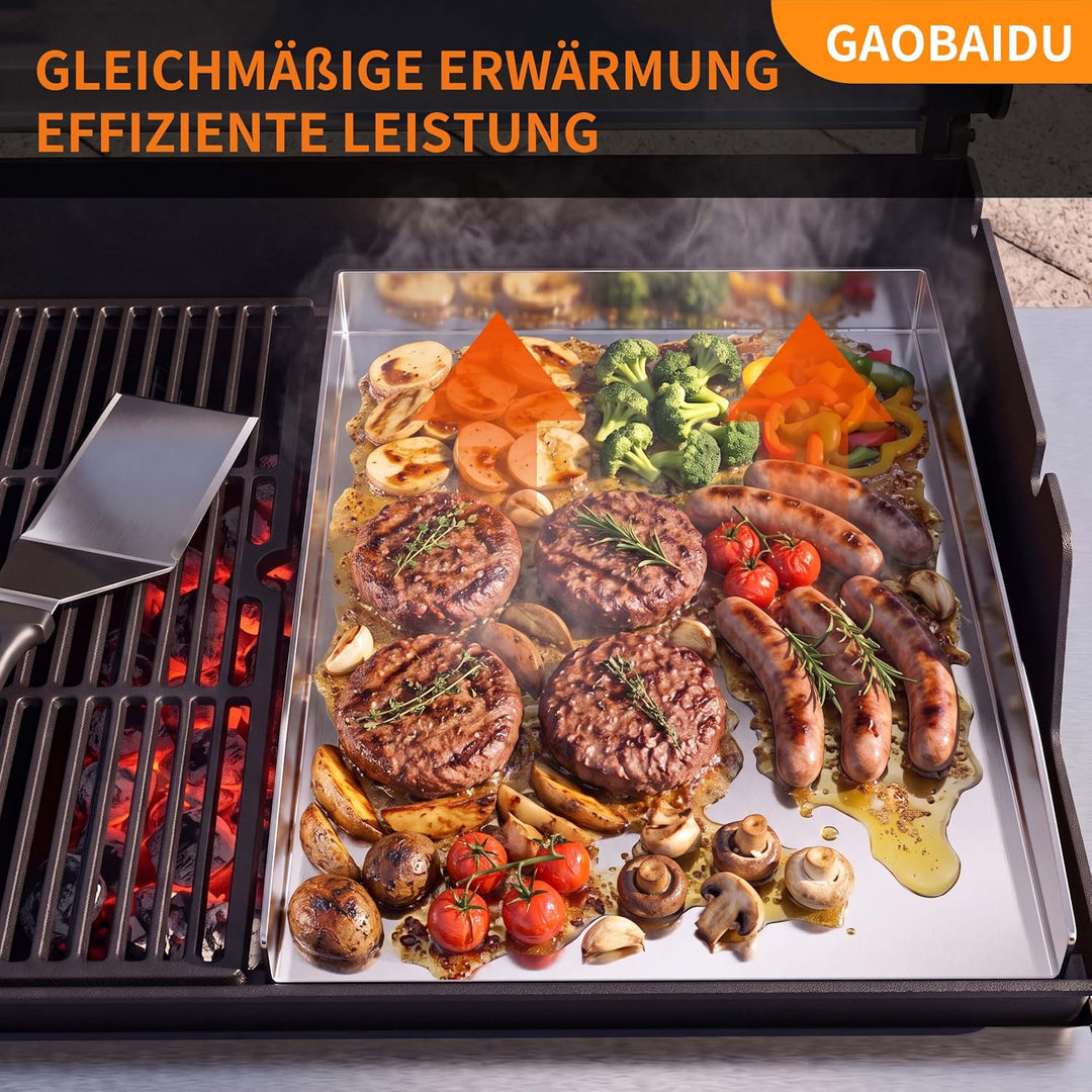 Edelstahl-Grillplatte – Dick &amp; Rostfrei, inkl. 2 Grillspachteln &amp; 5 Spiessen – Für die meisten Gas-