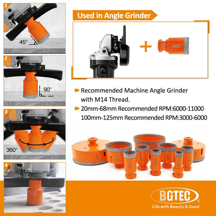 BGTEC Diamant-Lochsägen-Bohrer mit M14-Gewinde, 125mm vakuumgelötete Diamant-Kernbohrer-Set für Kera