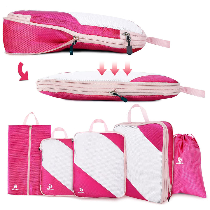AiQInu Packing Cubes Compression, 5 Stück Packtaschen Kompression Koffer Organizer Set mit Wäschebeu