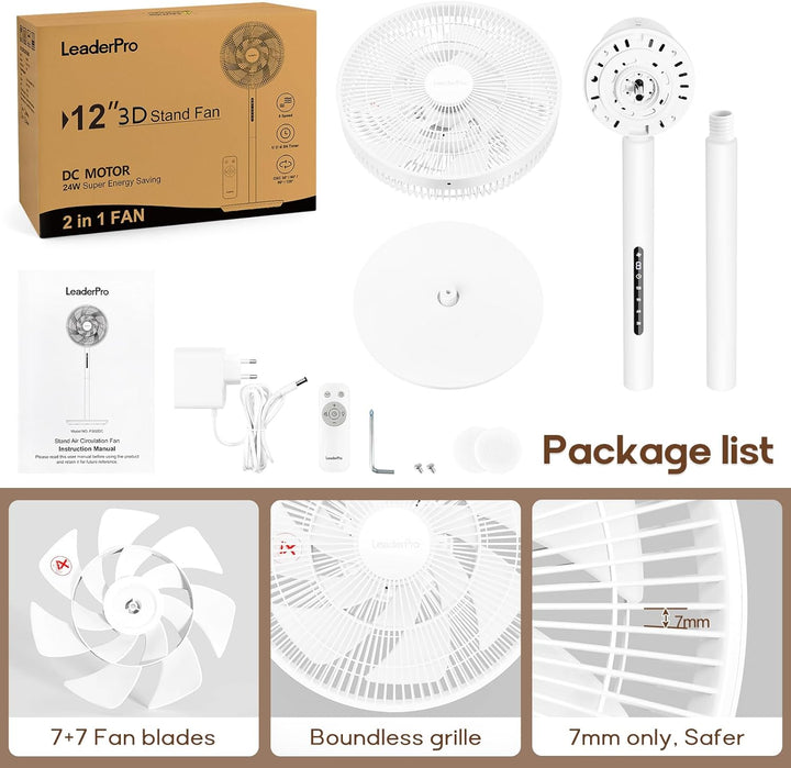 DC Motor Standventilator-2024 Ventilator Leise 12.8dB mit Fernbedienung höhenverstellbar mobiler Lüf