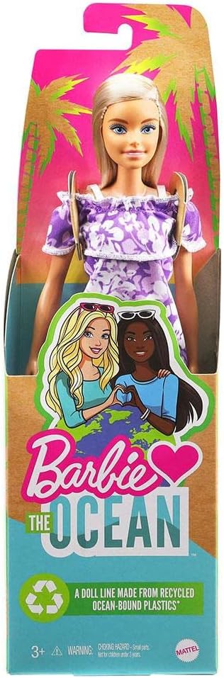 Barbie GRB36 - Loves The Ocean Puppe im lila Blumenkleid (29,21 cm gross, blond), aus recyceltem Kun