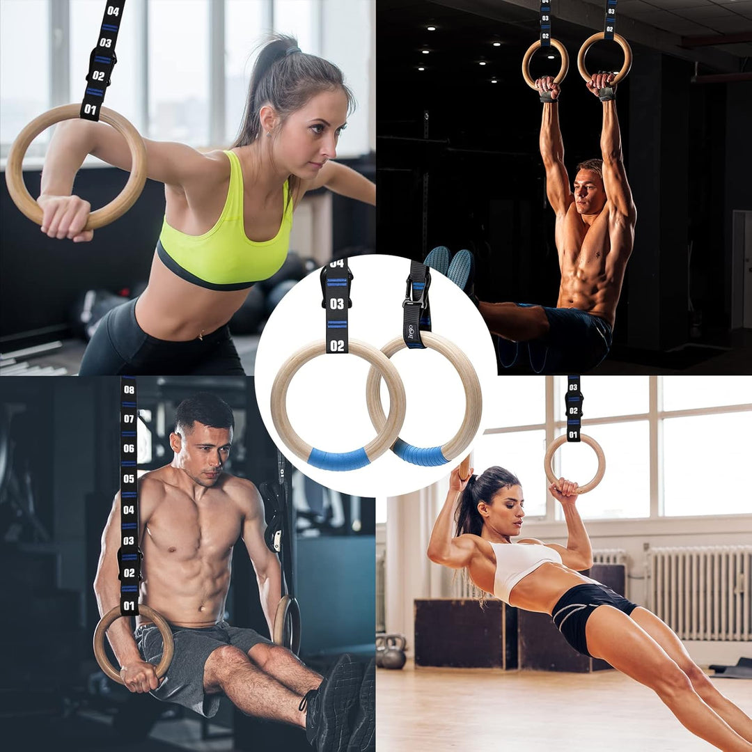 Zingtto Wooden Gymnastics Rings with Adjustable Numbered Straps Olympic Rings, 1.25'' or 1.1" Gym Ri