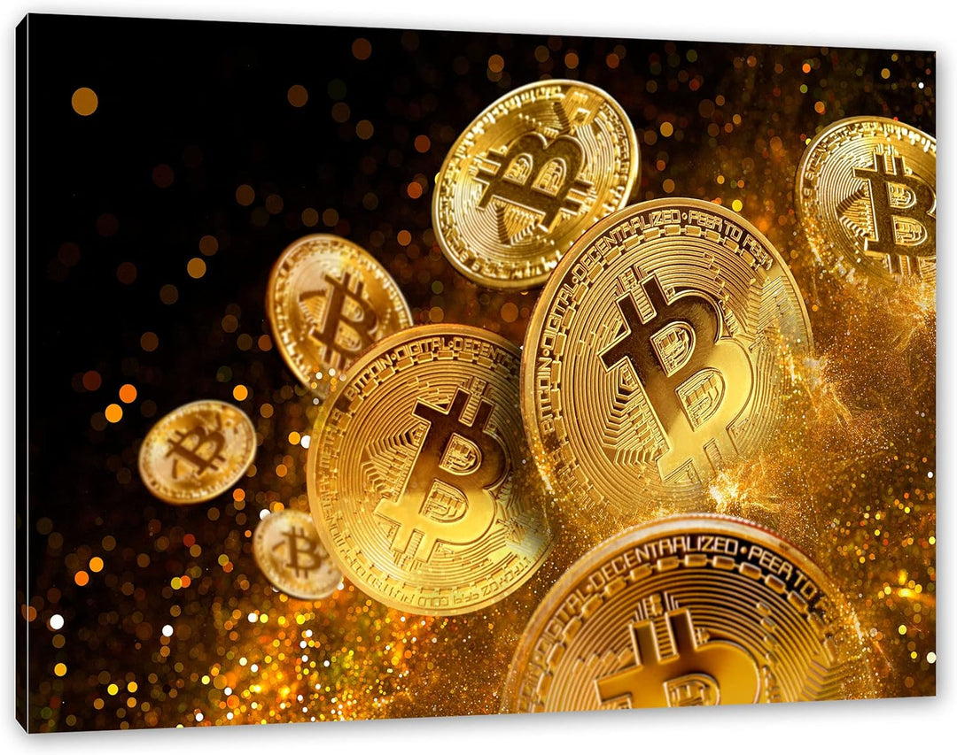 Pixxprint funkelnder Bitcoin BTC als Leinwandbild | Grösse: 100x70 cm | Wandbild | Kunstdruck | fert