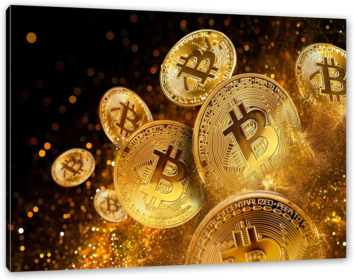 Pixxprint funkelnder Bitcoin BTC als Leinwandbild | Grösse: 100x70 cm | Wandbild | Kunstdruck | fert