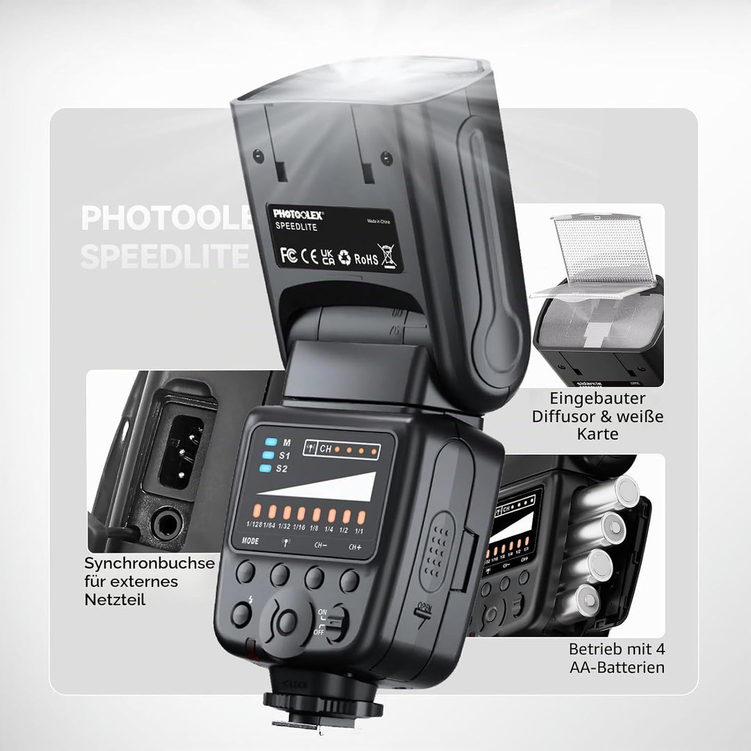 PHOTOOLEX Blitz Flash Speedlite für Canon Nikon Sony Panasonic Olympus Pentax Fujifilm Sigma Minolta