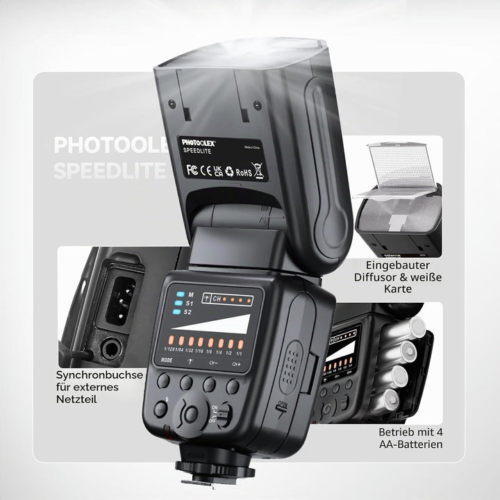 PHOTOOLEX Blitz Flash Speedlite für Canon Nikon Sony Panasonic Olympus Pentax Fujifilm Sigma Minolta
