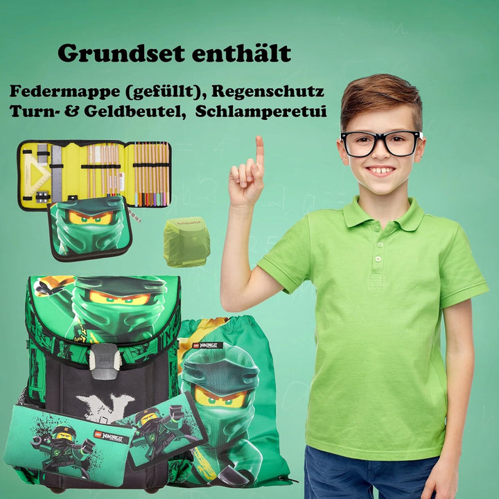 Lego Ninjago Schulranzen-Set Easy Green 8tlg. Set mit Federmappe, Regenschutz und Dose und Flasche,