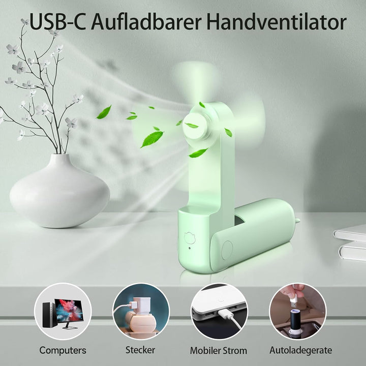 Handventilator to Go, 125g Ultraleichter Taschenventilator Mini, 20H Max Akku mit Powerbank, USB Auf