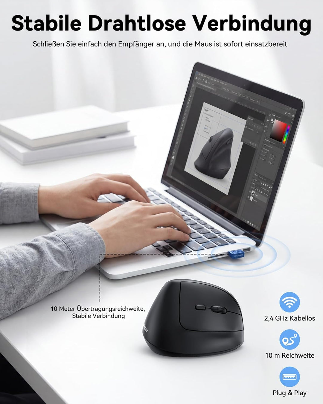 TECKNET Ergonomische Maus, 2.4G Vertikale Optische Funkmaus mit USB Empfänger, 4800 DPI Sensor, Leis