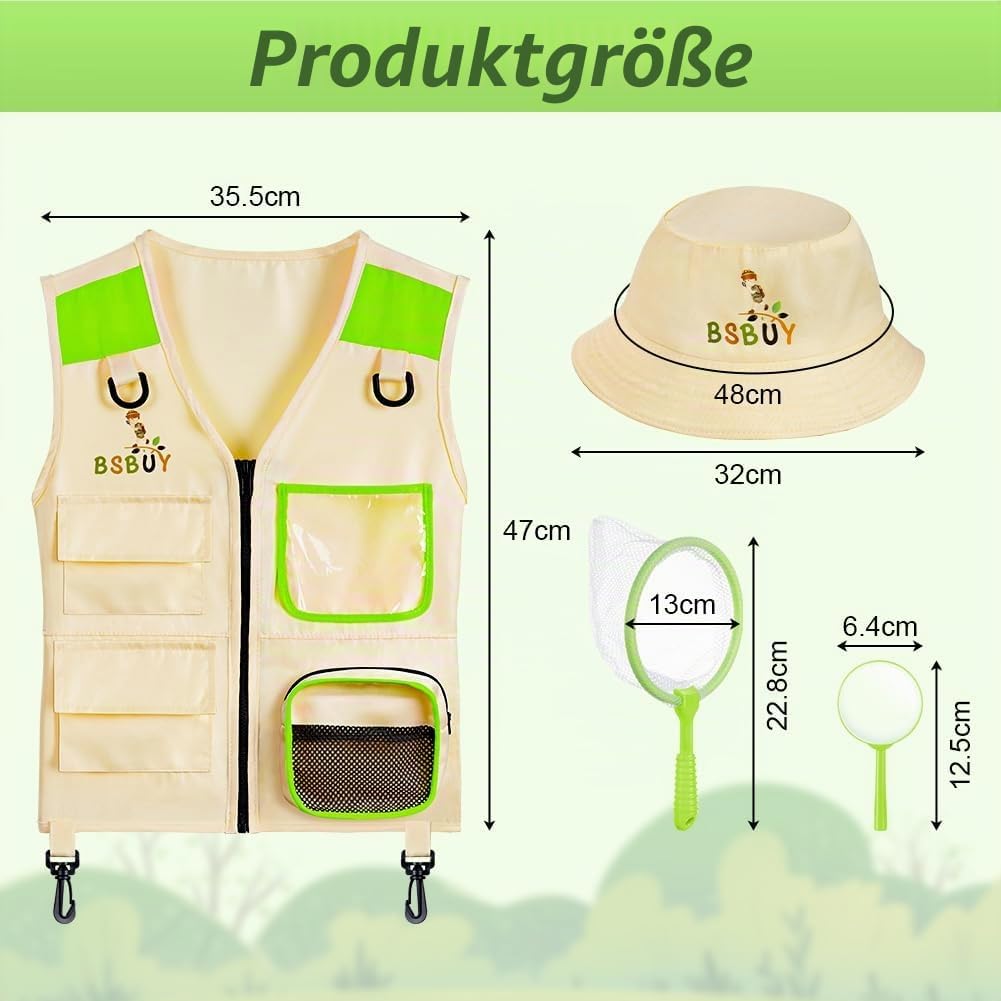 Forscherset für Kinder 4Pcs Exploration Spielzeug mit Frachtweste Hut Insektennetz und Lupe Outdoor