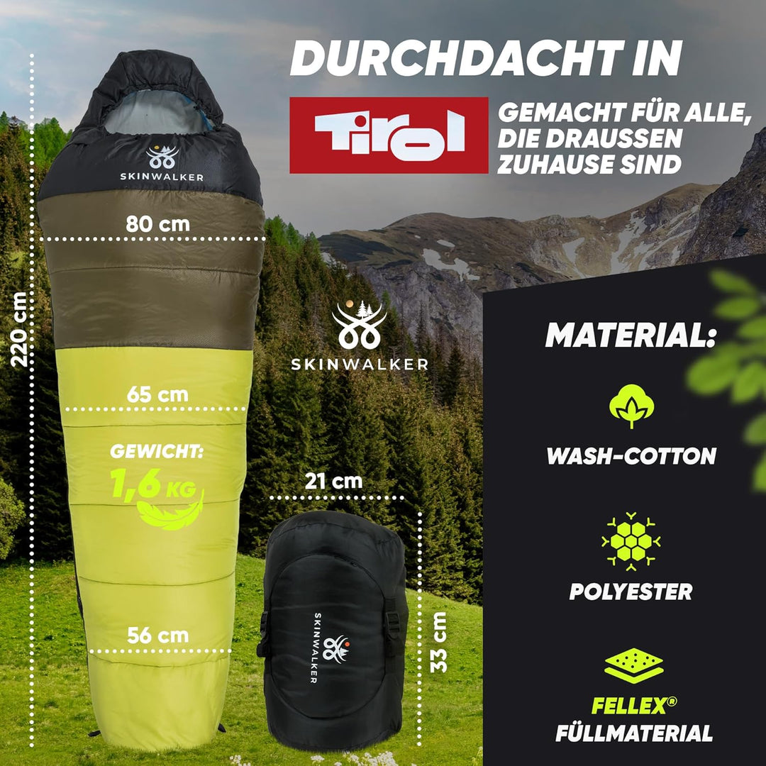 SKINWALKER Schlafsack 3-4 Jahreszeiten mit [abnehmbaren Innenfleece] [Kleines Packmass & Ultraleicht