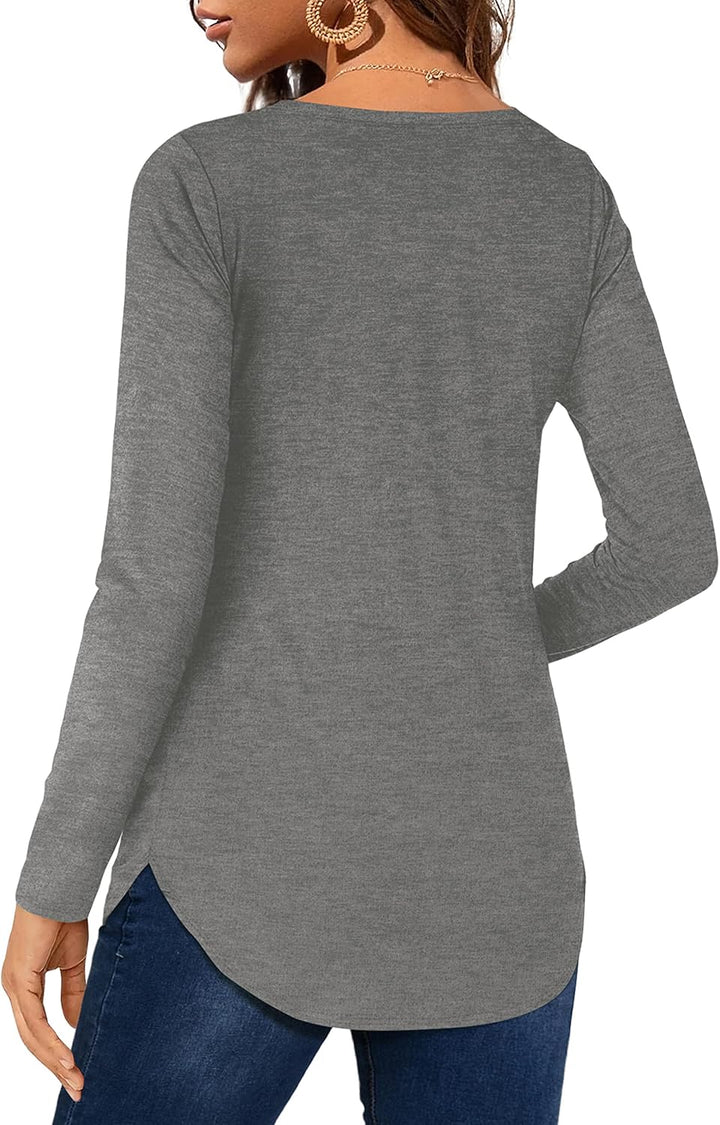 Florboom Tunika Damen Langarm/Kurzarm V Ausschnitt Oberteil Shirts Basic Casual Longshirt S A-grau,