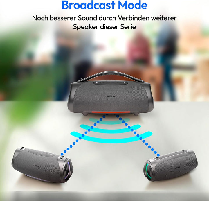 MEDION P61762 tragbarer Bluetooth Lautsprecher (Akku, Bass Boost, Musikbox, RGB Lichteffekte, IPX7 W
