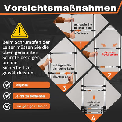 3,8mTeleskopleiter mit Haken, HBTower Leichte Ausziehleiter, Leiter Ausziehbar, klappbare Leiter für