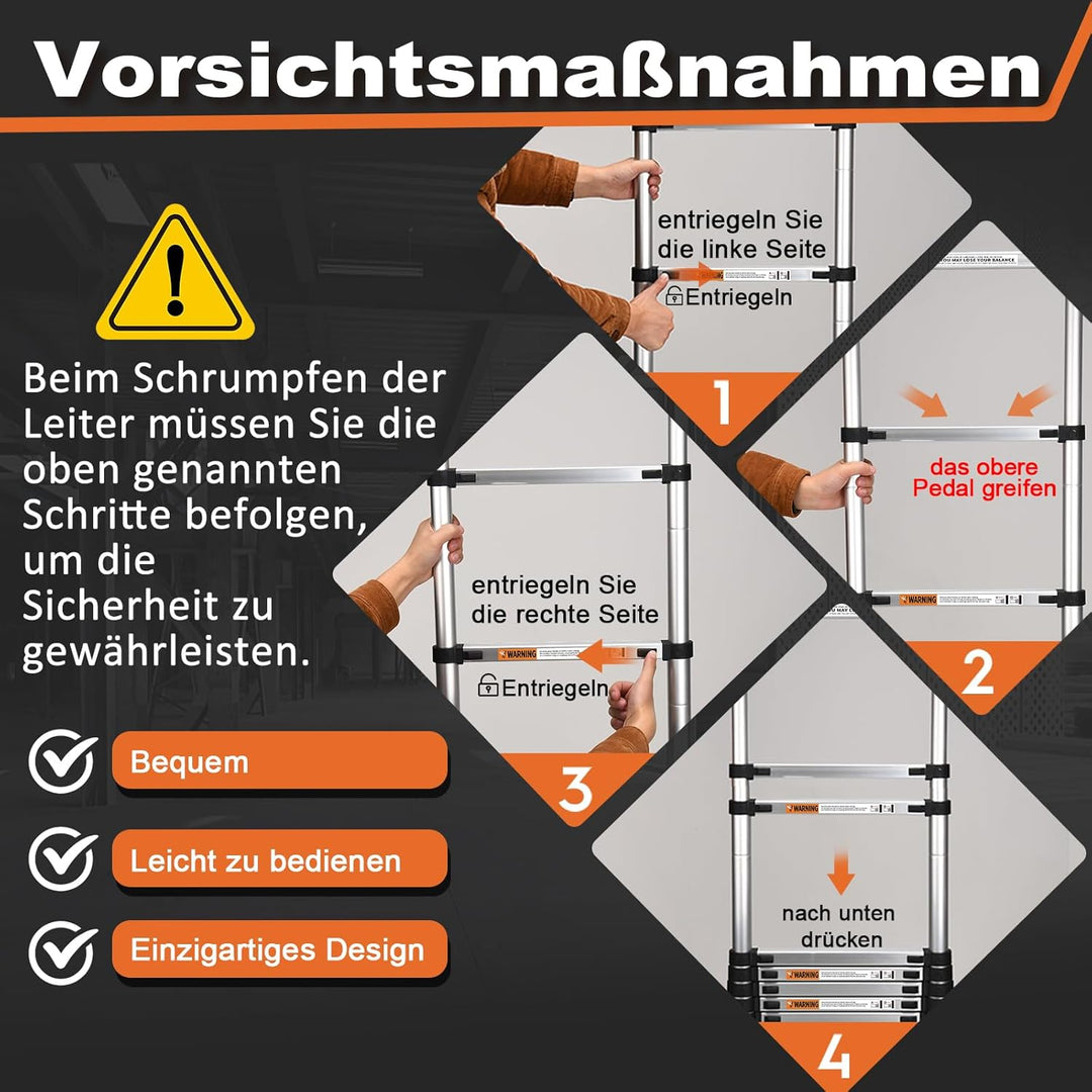 3,8mTeleskopleiter mit Haken, HBTower Leichte Ausziehleiter, Leiter Ausziehbar, klappbare Leiter für