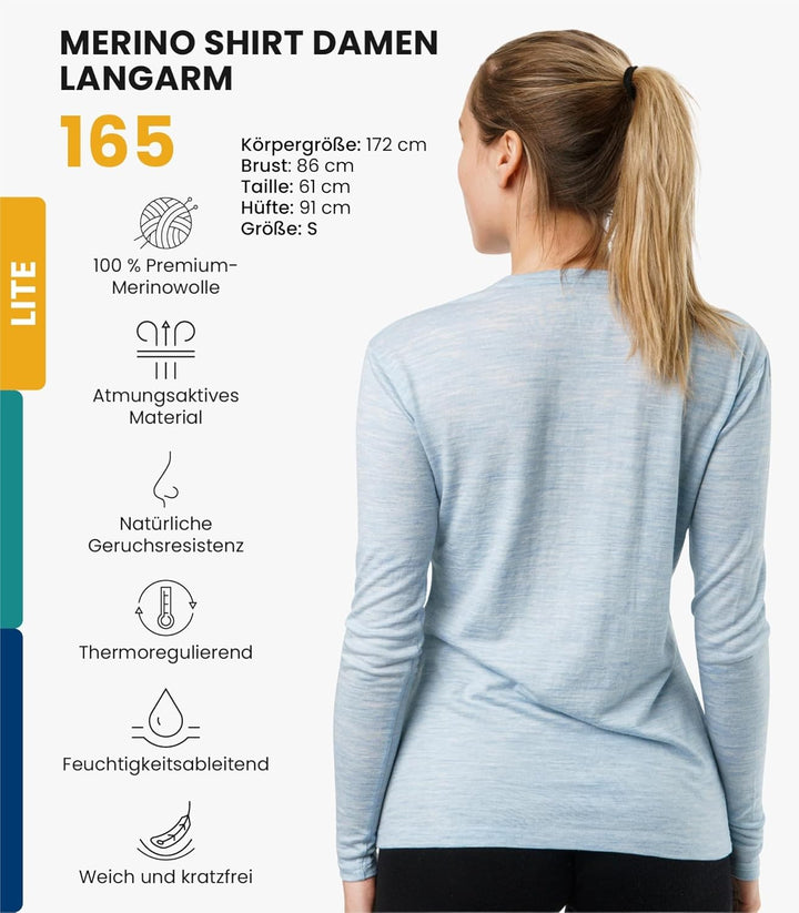 Merino.tech Merino Shirt Damen Langarm - Premium 100% Merino Unterwäsche Damen Langarmshirt, Sportun