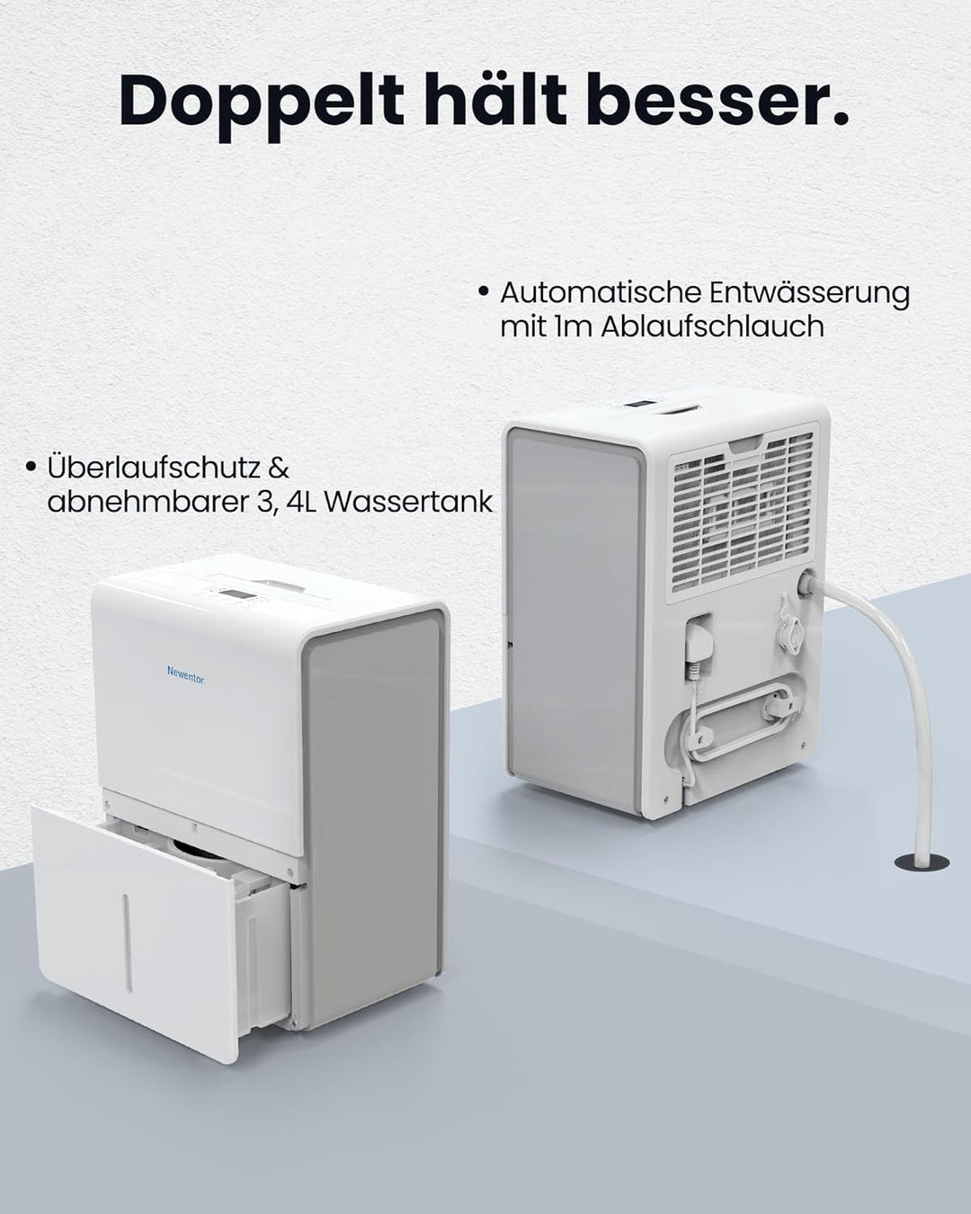Newentor Luftentfeuchter 25L/24h, Für 215m³/80m² Räume - 3 fache Geräuschreduktion - Stromsparender