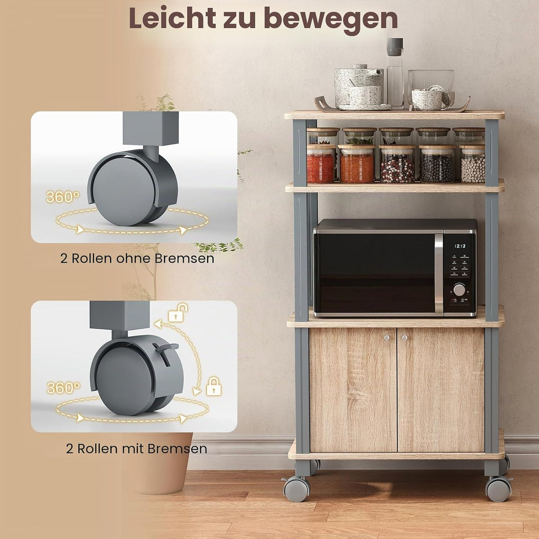 KOMFOTTEU Küchenwagen mit 3 Ebenen, Küchenregal mit Rollen und Schrank mit Tür, Beistellwagen aus Ho