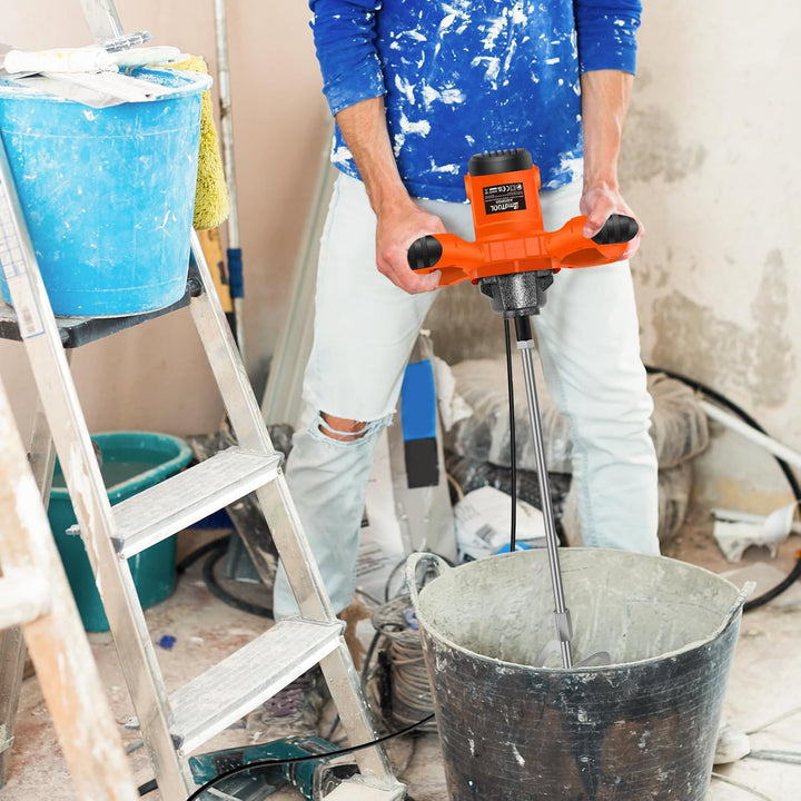 Orange Rührwerk mit starken 2600 Watt – Farb-Mörtelrührer Betonrührer – robustes 6-Gang-Metallgetrie