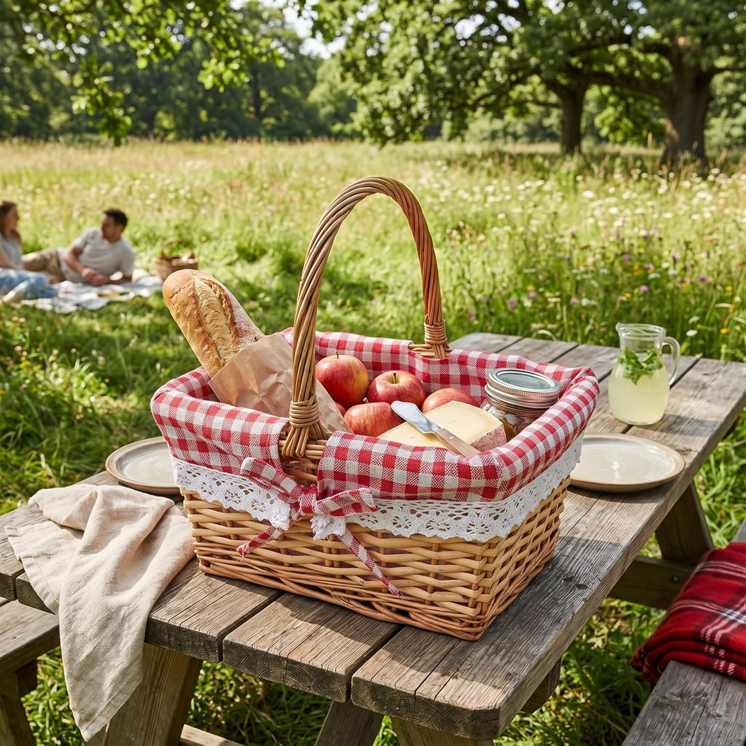 Cocoarm Picknickkorb aus Korbgeflecht, Handgewebt, Vintage-Stil, Abnehmbares Innenfutter, Rot karier