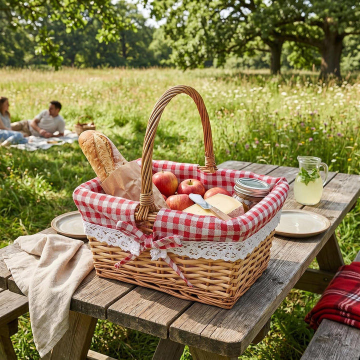 Cocoarm Picknickkorb aus Korbgeflecht, Handgewebt, Vintage-Stil, Abnehmbares Innenfutter, Rot karier